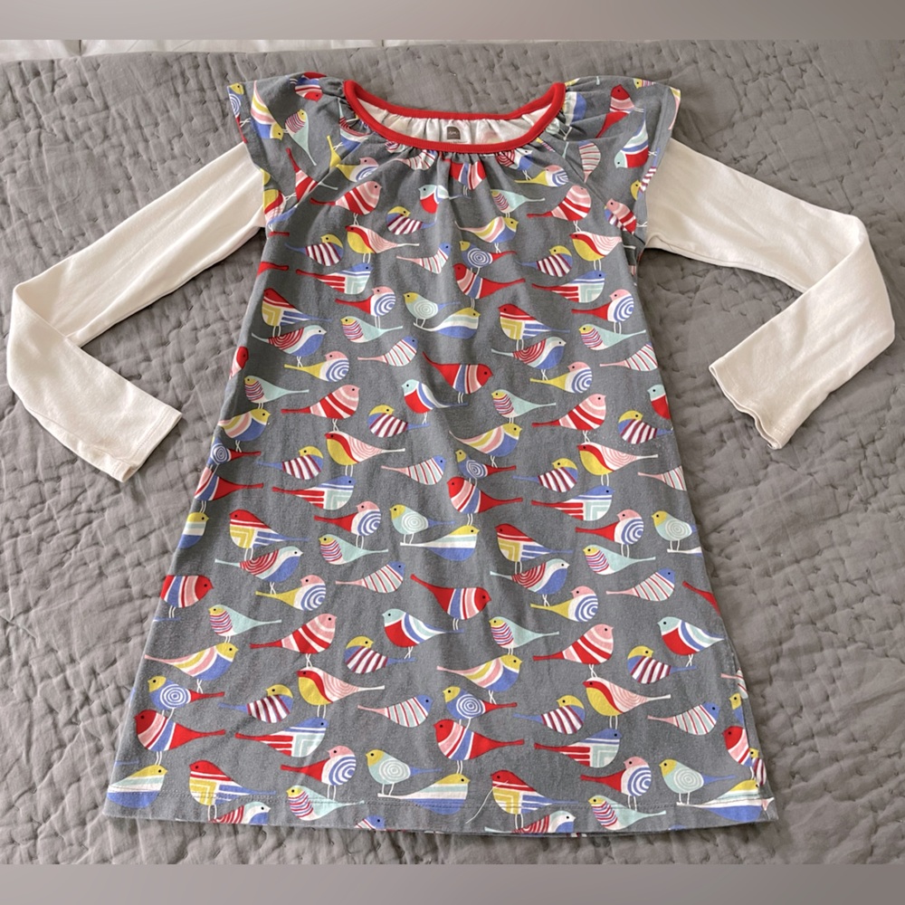 Tea Collection Gray Dress Colorful Birds Long Sleeves 100% Cotton Size 6